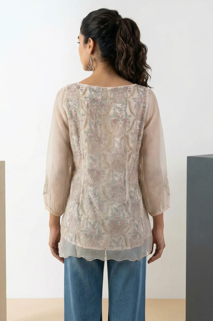 Cream Floral Printed Lace Organza Straight Top with Printed Slip — photo 5