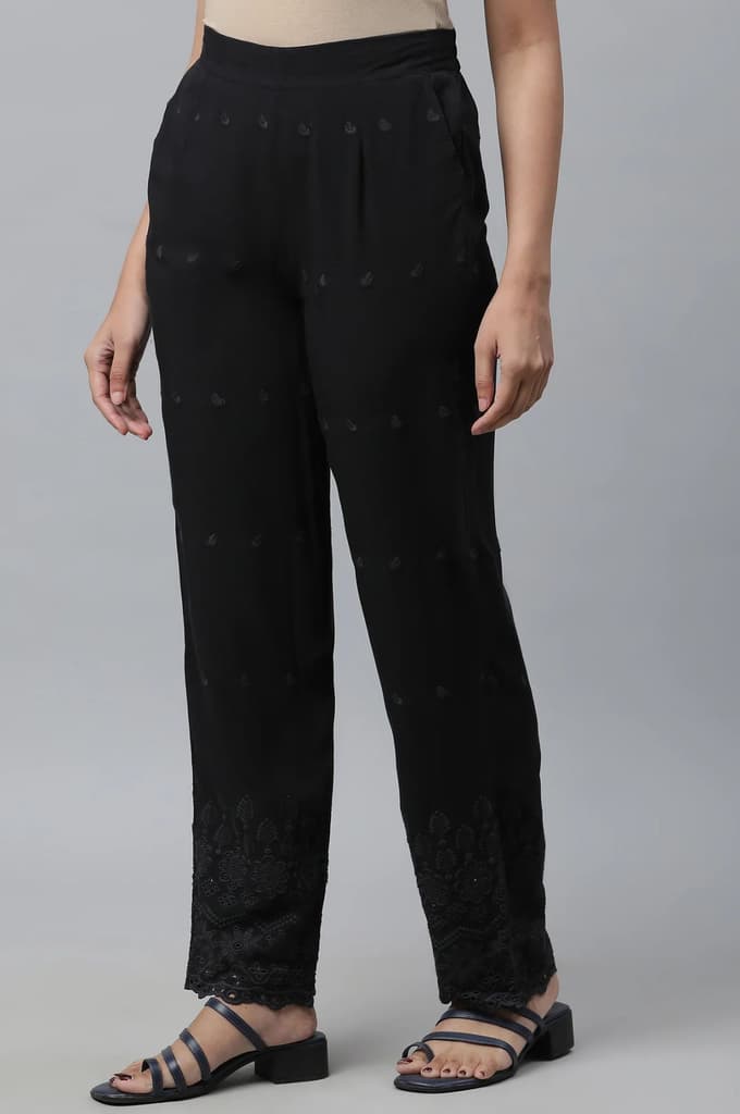 Black Schiffli Embroidered Straight Fit Woven Palazzo With Elasticated Waist — photo 3