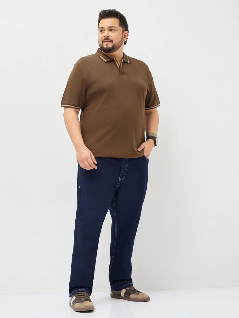 Plus Men's Dark Brown Solid Regular Fit Half Sleeve Cotton Polo T-Shirt — photo 4