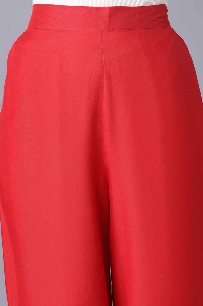 Red Solid Straight Fit Tencel Pants With Elasticated Waist — photo 6
