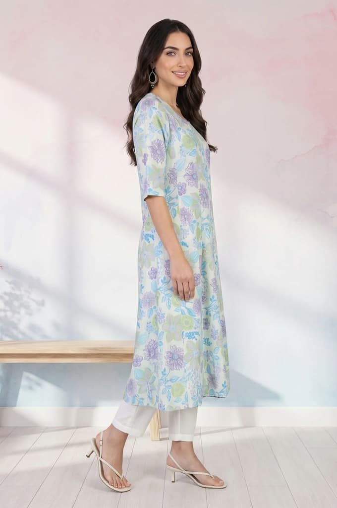 Off White Floral Printed Cotton Flax A-line Kurta — photo 6