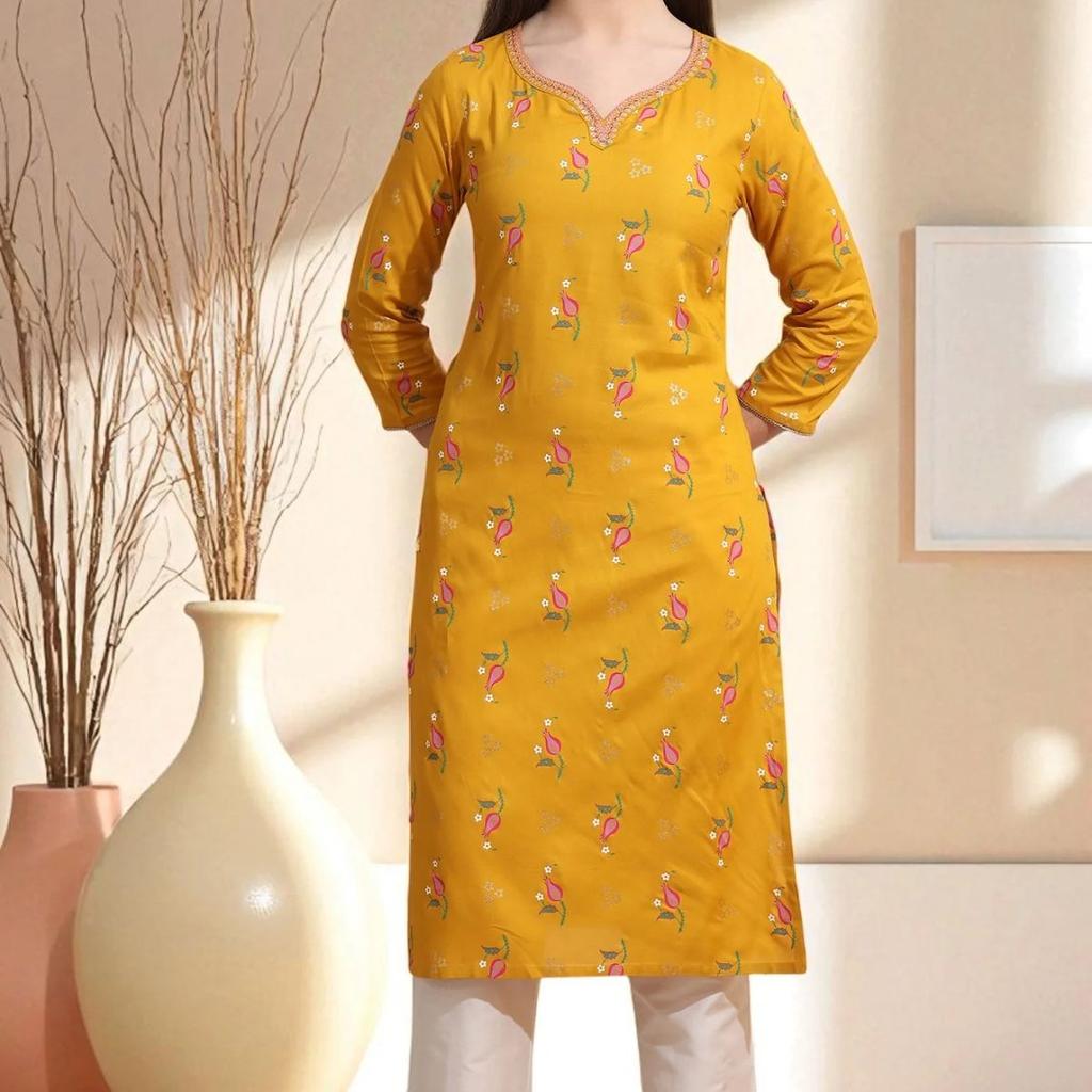 Deep Yellow Floral Printed Rayon Straight Kurta with Embroidered Neck