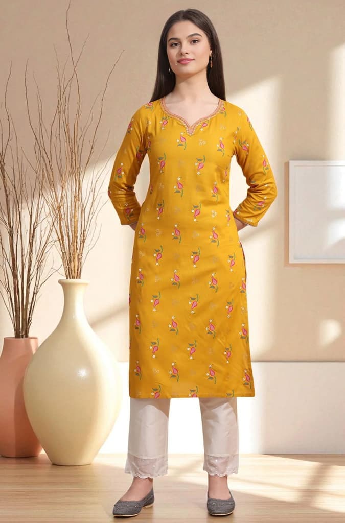 Deep Yellow Floral Printed Rayon Straight Kurta with Embroidered Neck — XS