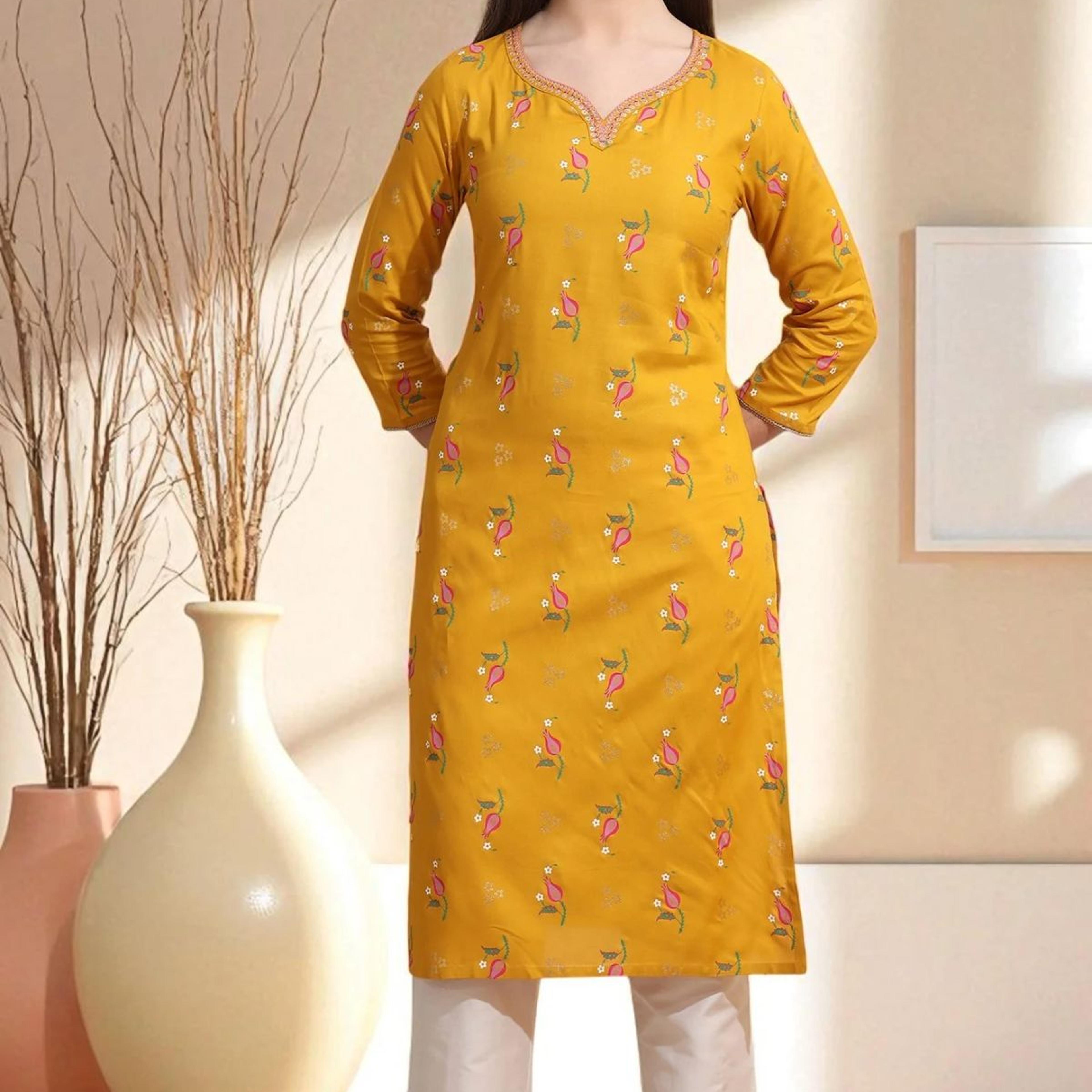 Deep Yellow Floral Printed Rayon Straight Kurta with Embroidered Neck