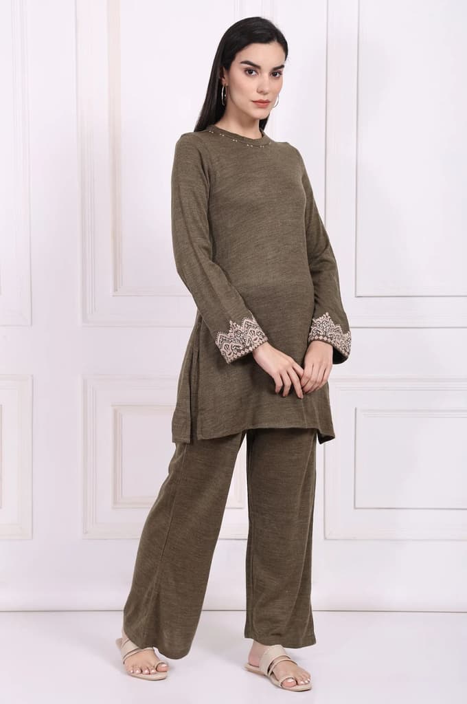 Olive Embroidered Straight Acrylic Kurta with Parallel Pant Set — photo 6