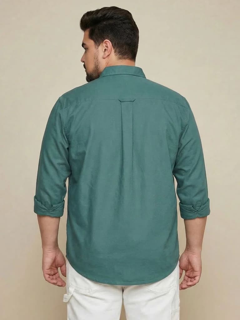 Plus Men's Teal Green Cotton Full Sleeve Regular Fit Solid Oxford Shirt With Button-Down Collar — photo 3