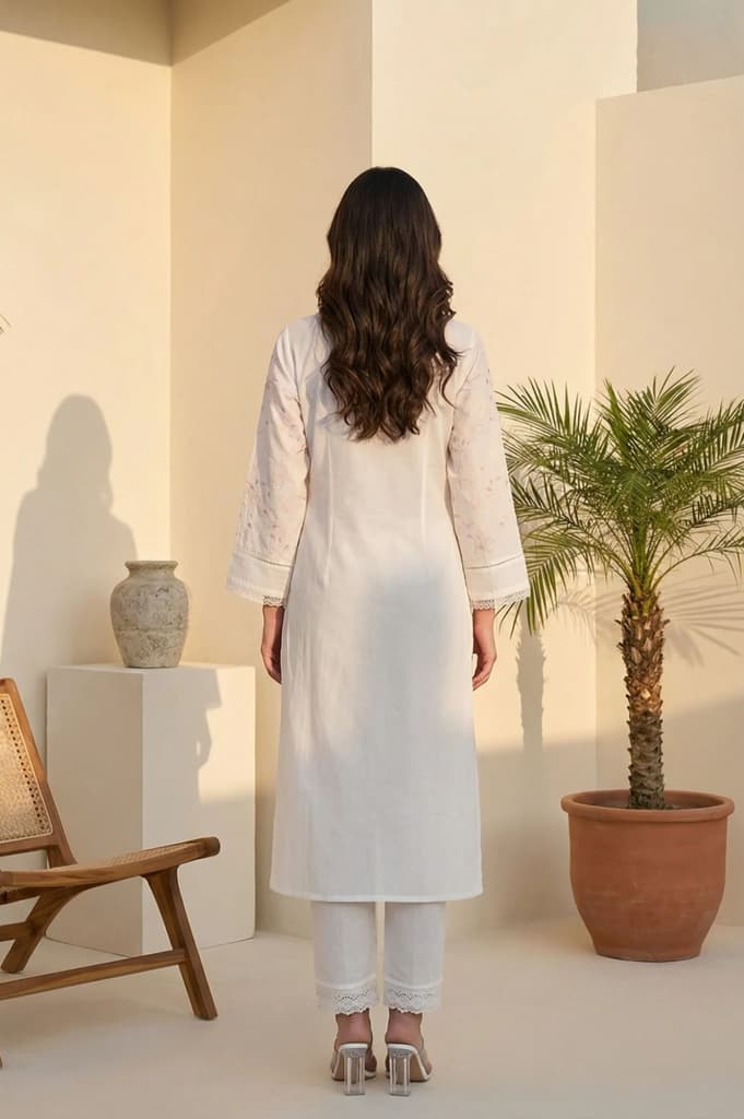 White Chikankari Embroidered Sequins Pure Cotton Straight Kurta — photo 5
