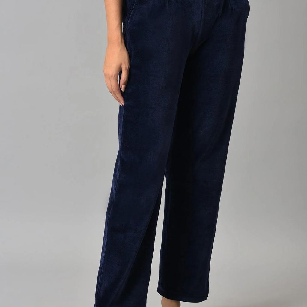 Navy Blue Solid Straight Fit Cotton Trousers With Elasticated Waist