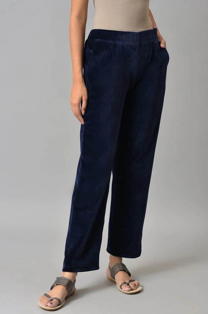 Navy Blue Solid Straight Fit Cotton Trousers With Elasticated Waist