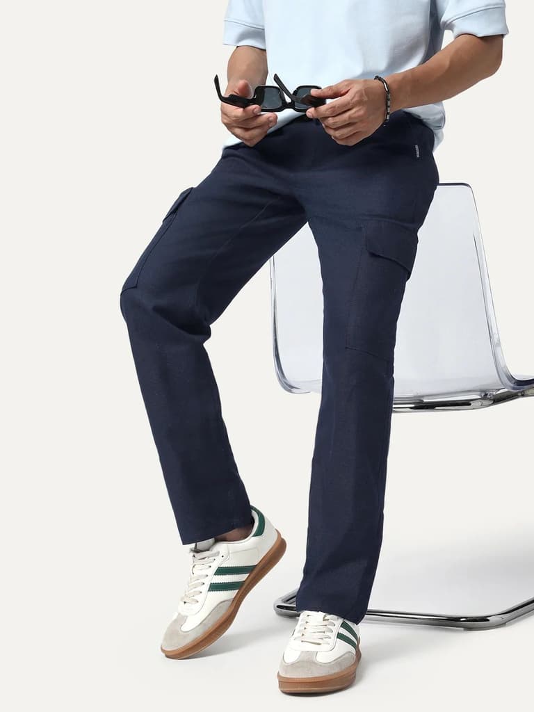 Men's Navy Straight Fit Linen Cargo Pants with 6 Pockets — photo 2