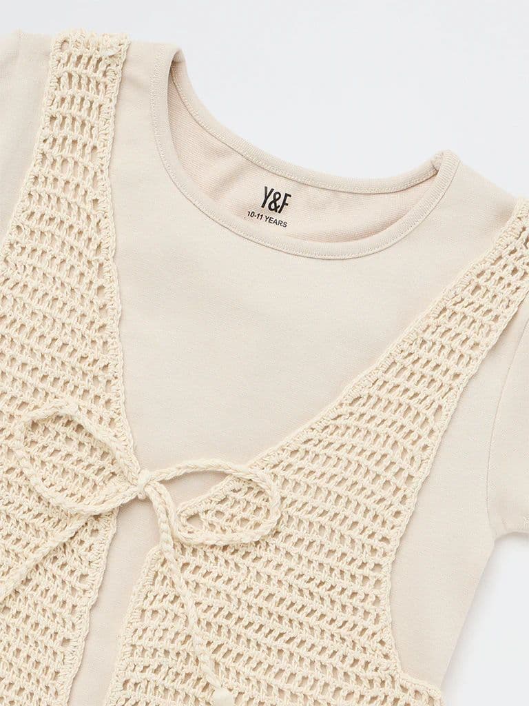 Y&F Kids Girls Beige Crochet Design Cotton-Blend Waistcoat with T-Shirt Set — photo 5