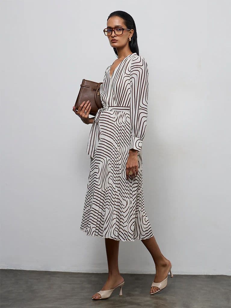Wardrobe Ivory Geometric Printed A-Line Dress with Belt