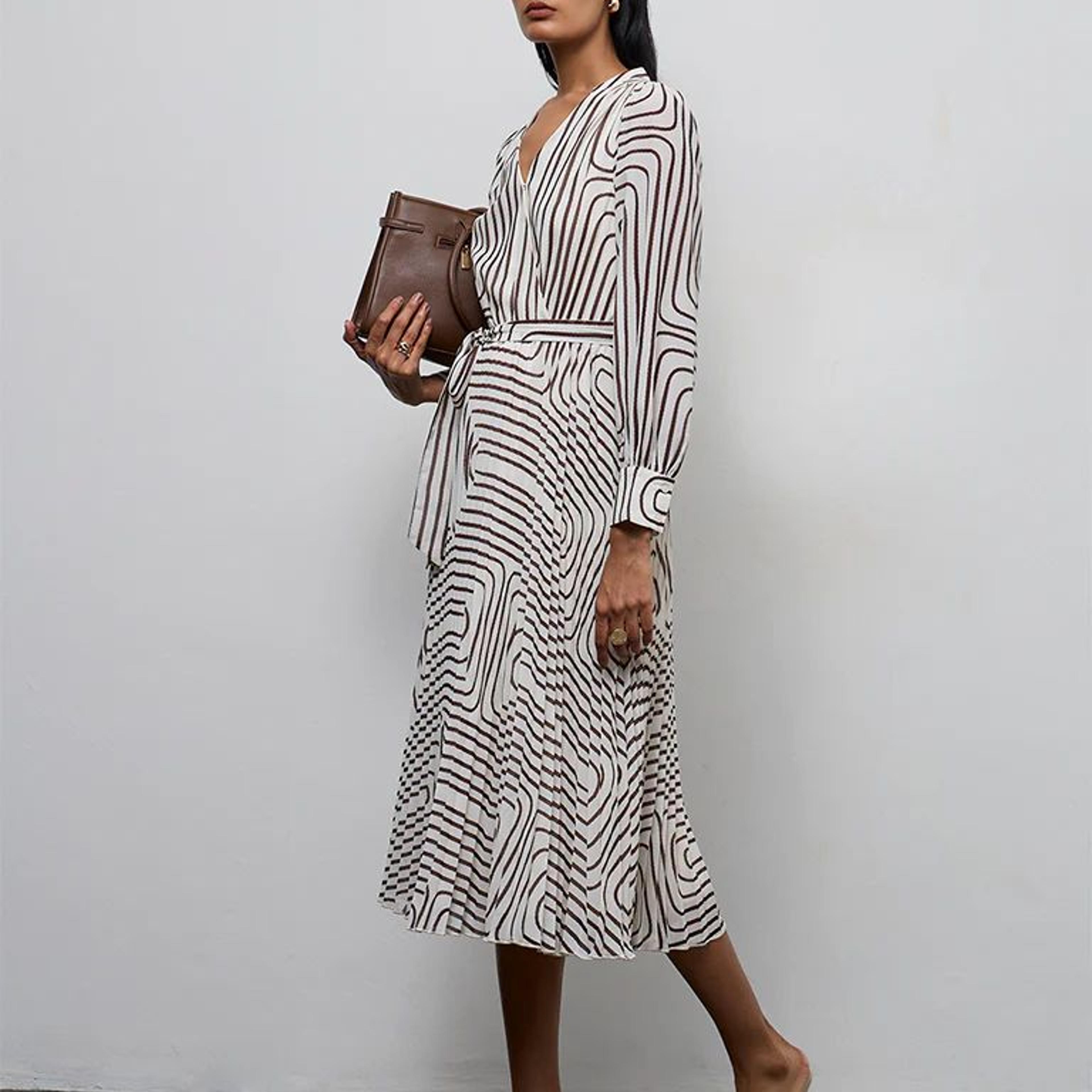 Wardrobe Ivory Geometric Printed A-Line Dress with Belt