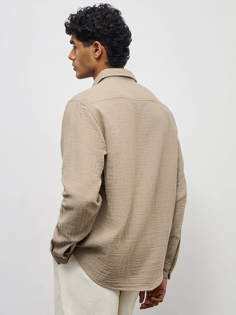 ETA Taupe Striped Relaxed-Fit Cotton Shirt — photo 4