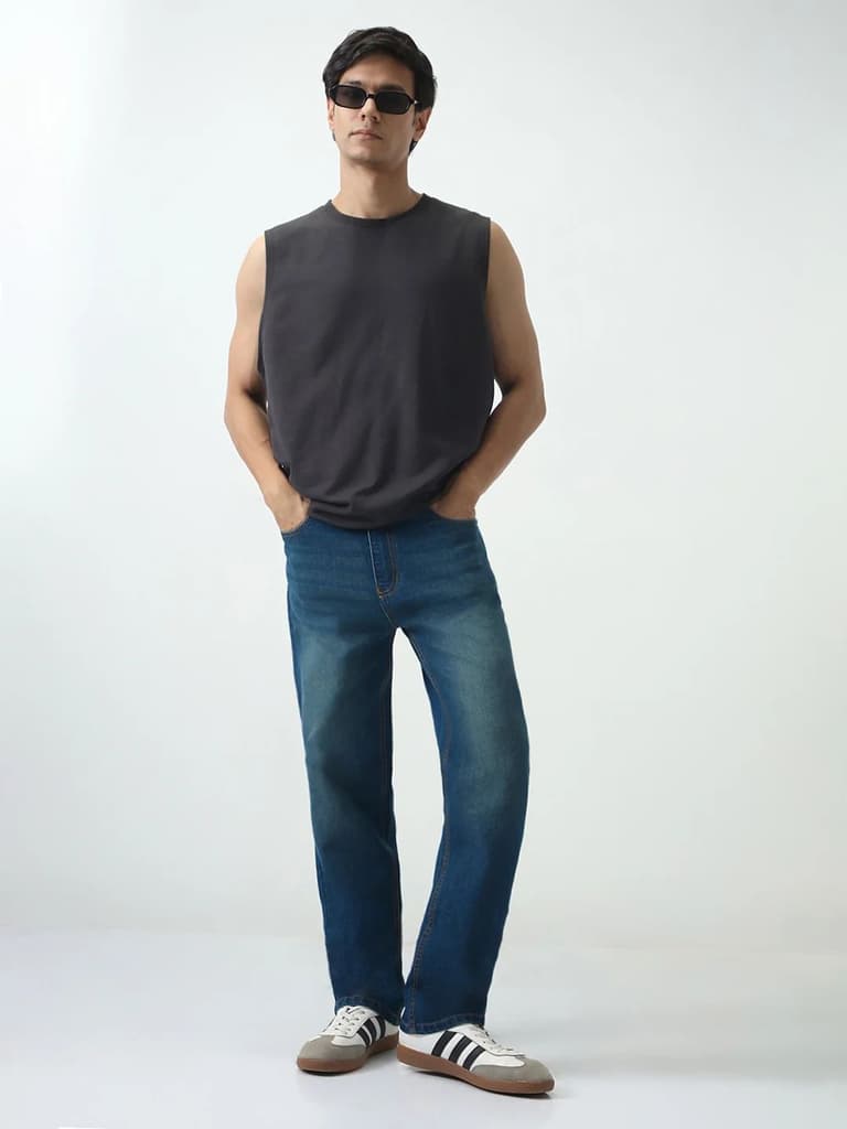 Men's Blue Straight Fit Heavy Washed Jeans Stretchable — photo 4