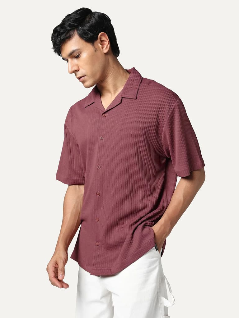 Men's Light Maroon Cotton Half Sleeve Oversized Fit Textured Shirt with Cuban Collar — photo 2