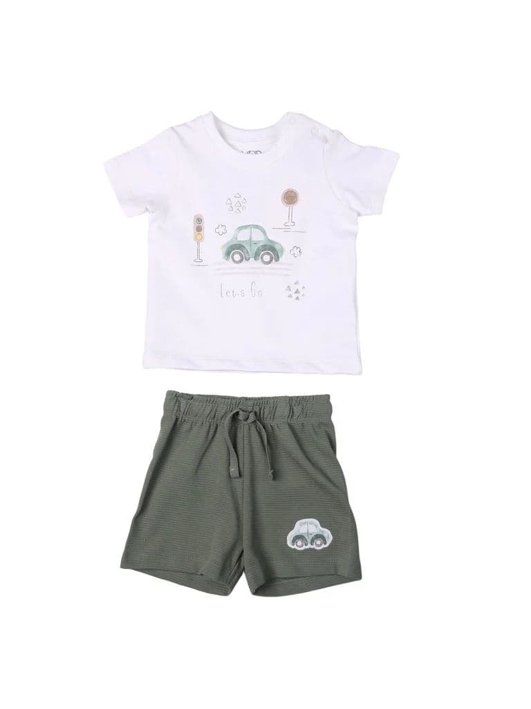 HOP Baby Boys White Printed Cotton T-Shirt and Shorts Set — photo 2