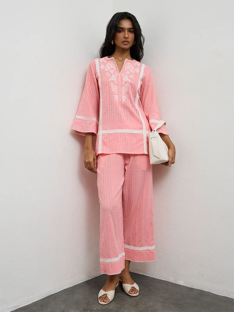 Utsa Pink Embroidered Cotton Pants — photo 2