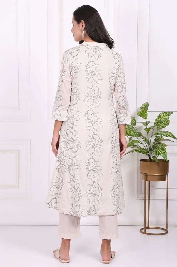 Off-White Floral Printed Pure Cotton Straight Kurta with Pants Set — photo 5
