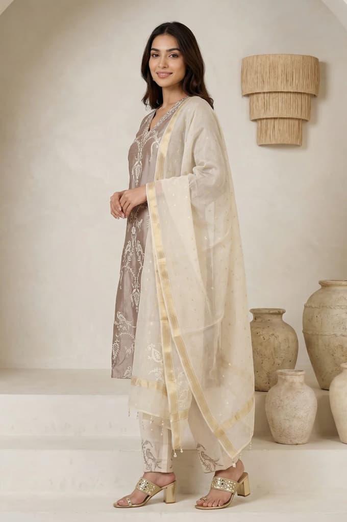 Brown Embroidered Cotton Blend Straight Kurta with Pants and Dupatta Set — photo 3