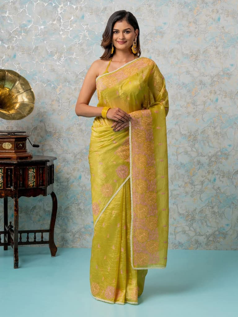 Mimosa Women's Woven Design Banarasi Style Tissue Crush Saree With Blouse Piece : SA00002010GDFREE — photo 2