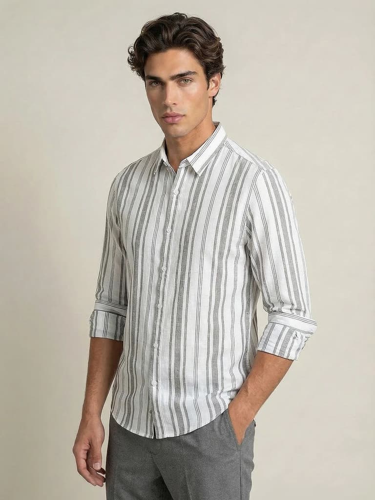 Men's Grey Cotton Full Sleeve Relaxed Fit Linen Striped Shirt with Spread Collar — photo 2
