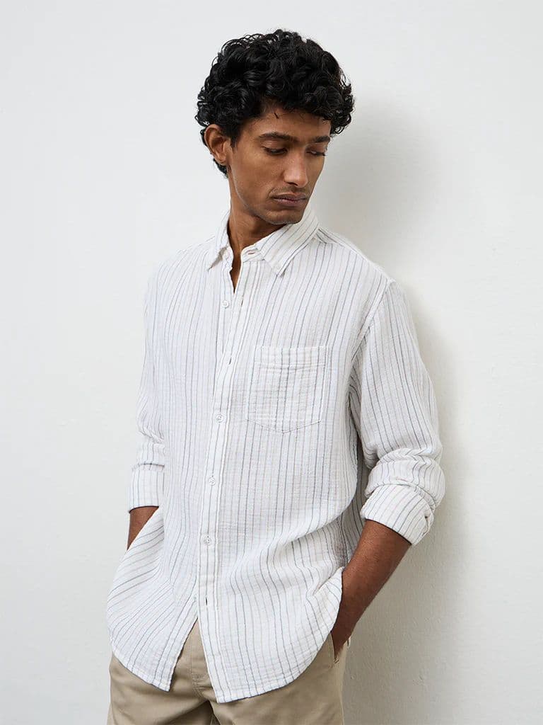 WES Casuals White Striped Relaxed-Fit Cotton Shirt — photo 2