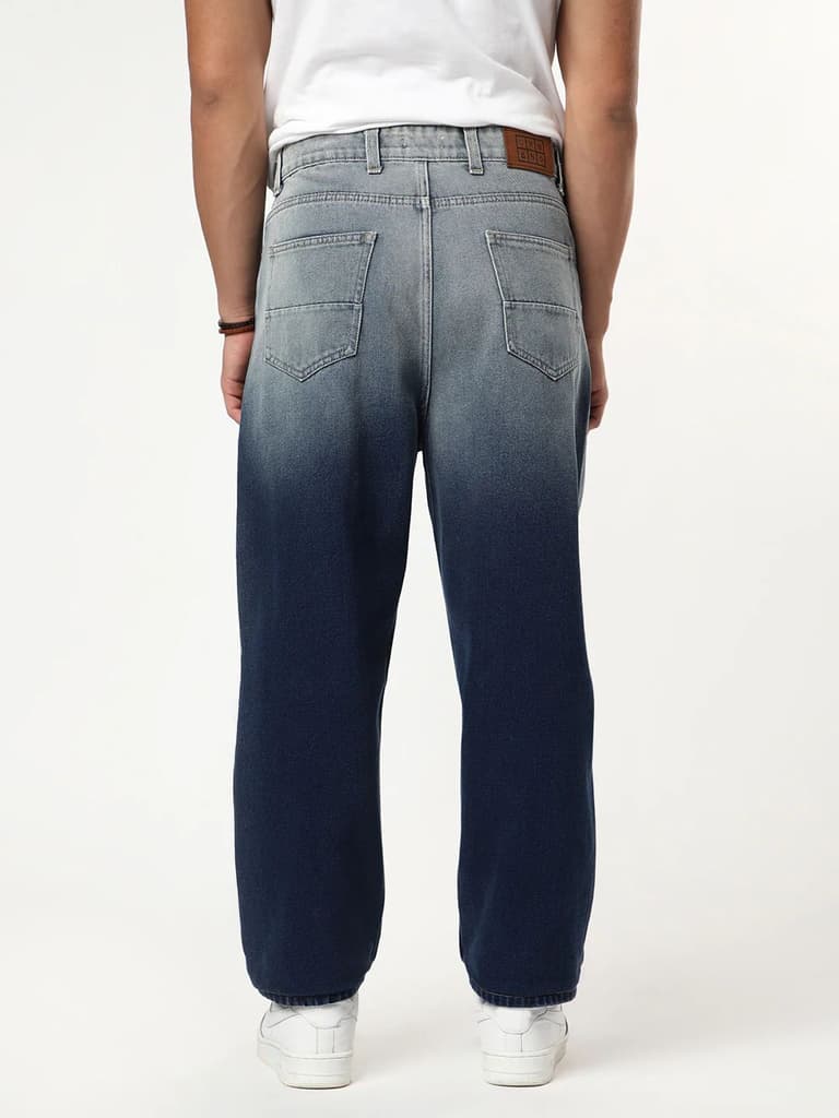 Men's Dark Blue Loose Baggy Fit Heavy Washed Faded Denim Jeans Non-Stretchable — photo 3