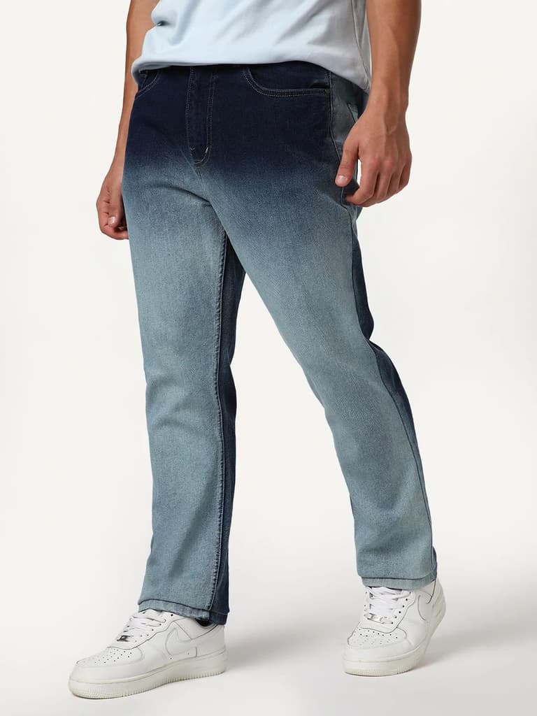 Men's Dark Blue Straight Fit Heavy Washed Faded Denim Jeans Stretchable — photo 2