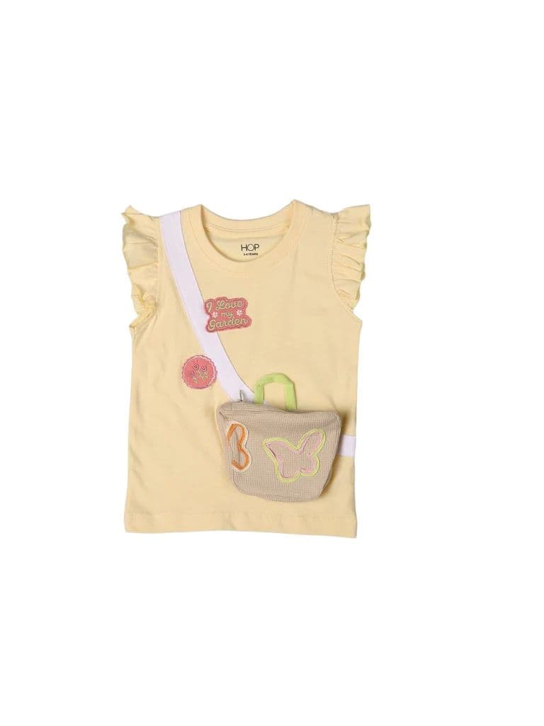 HOP Kids Girls Light Yellow Pouch Design Cotton Top — photo 3
