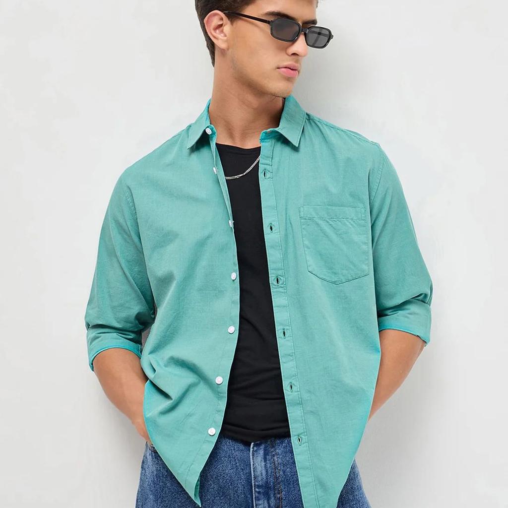 Men's Light Teal Cotton Full Sleeve Regular Fit Casual Solid Slub Shirt with Spread Collar