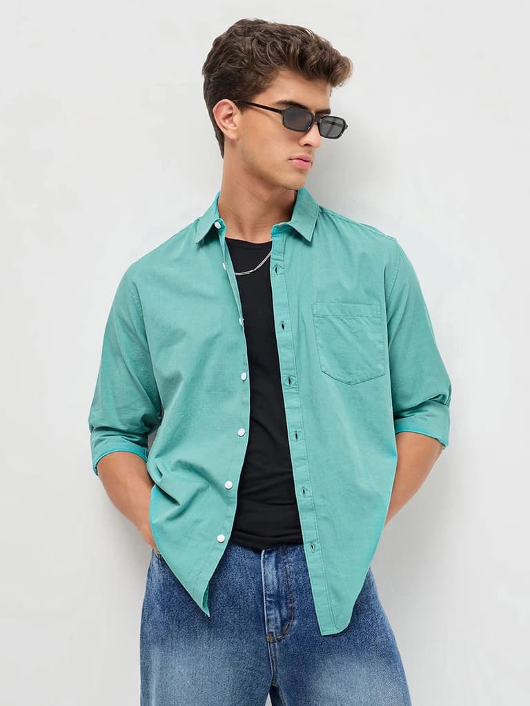 Men's Light Teal Cotton Full Sleeve Regular Fit Casual Solid Slub Shirt with Spread Collar — S / Light Teal