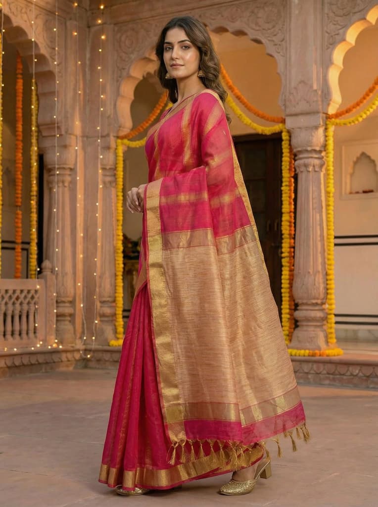 MIMOSA Women's Woven Design Banarasi Style Linen Saree with Blouse Piece - Rani ( SA00003153RNFREE ) — photo 3