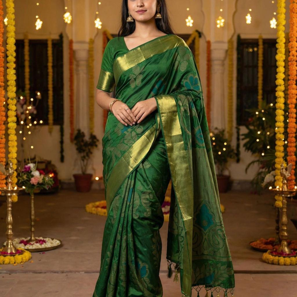 MIMOSA Women's Woven Design Mysore Silk Style Crepe Saree with Blouse Piece - Green ( SA00003135GRNFREE )