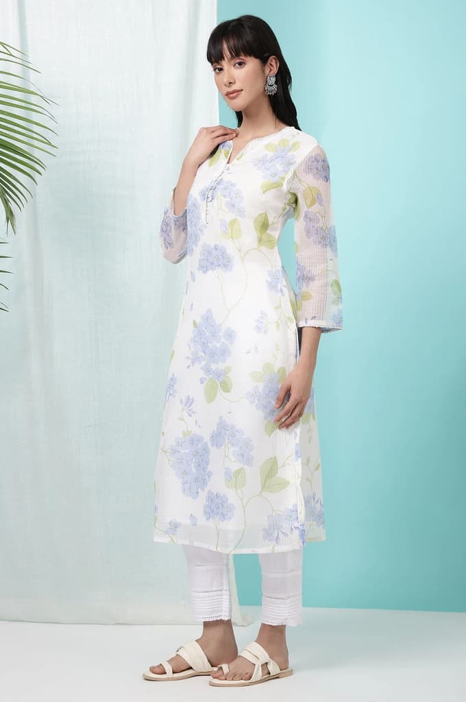 White Floral Printed Kota Straight Kurta — photo 5