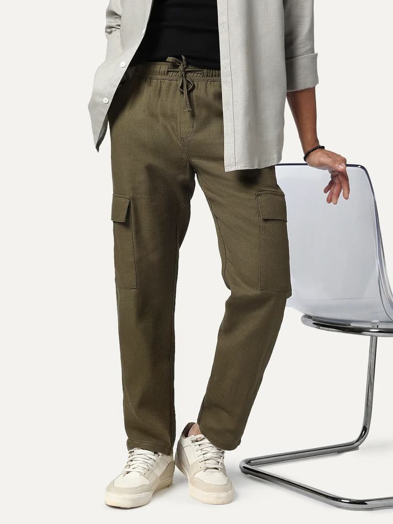 Men's Olive Straight Fit Linen Cargo Pants with 6 Pockets — 28 / Olive