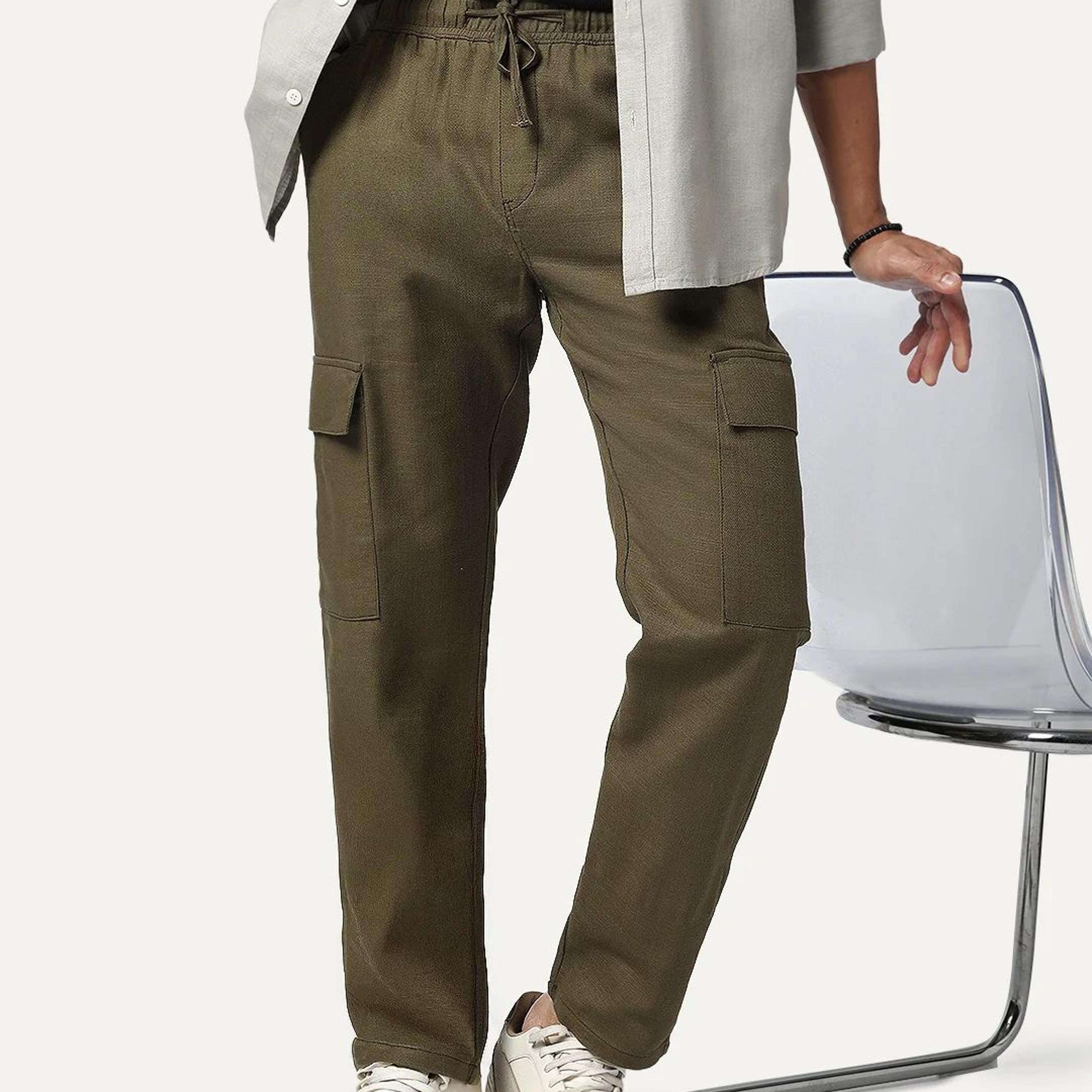 Men's Olive Straight Fit Linen Cargo Pants with 6 Pockets