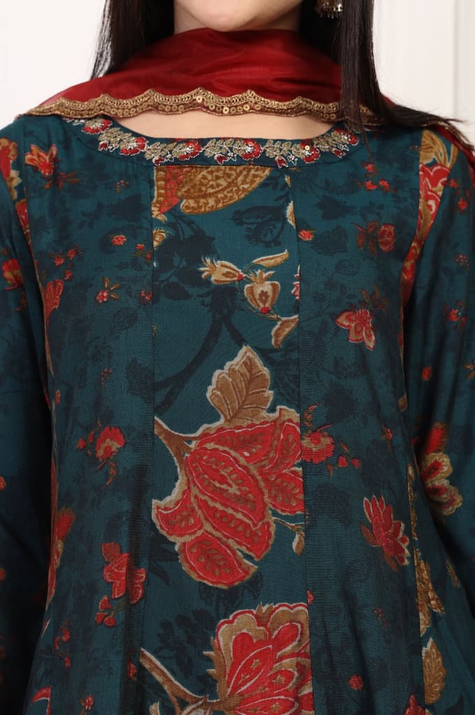 Teal Floral Printed Embellished A-Line Kurta with Flared Pant and Dupatta Set — photo 3