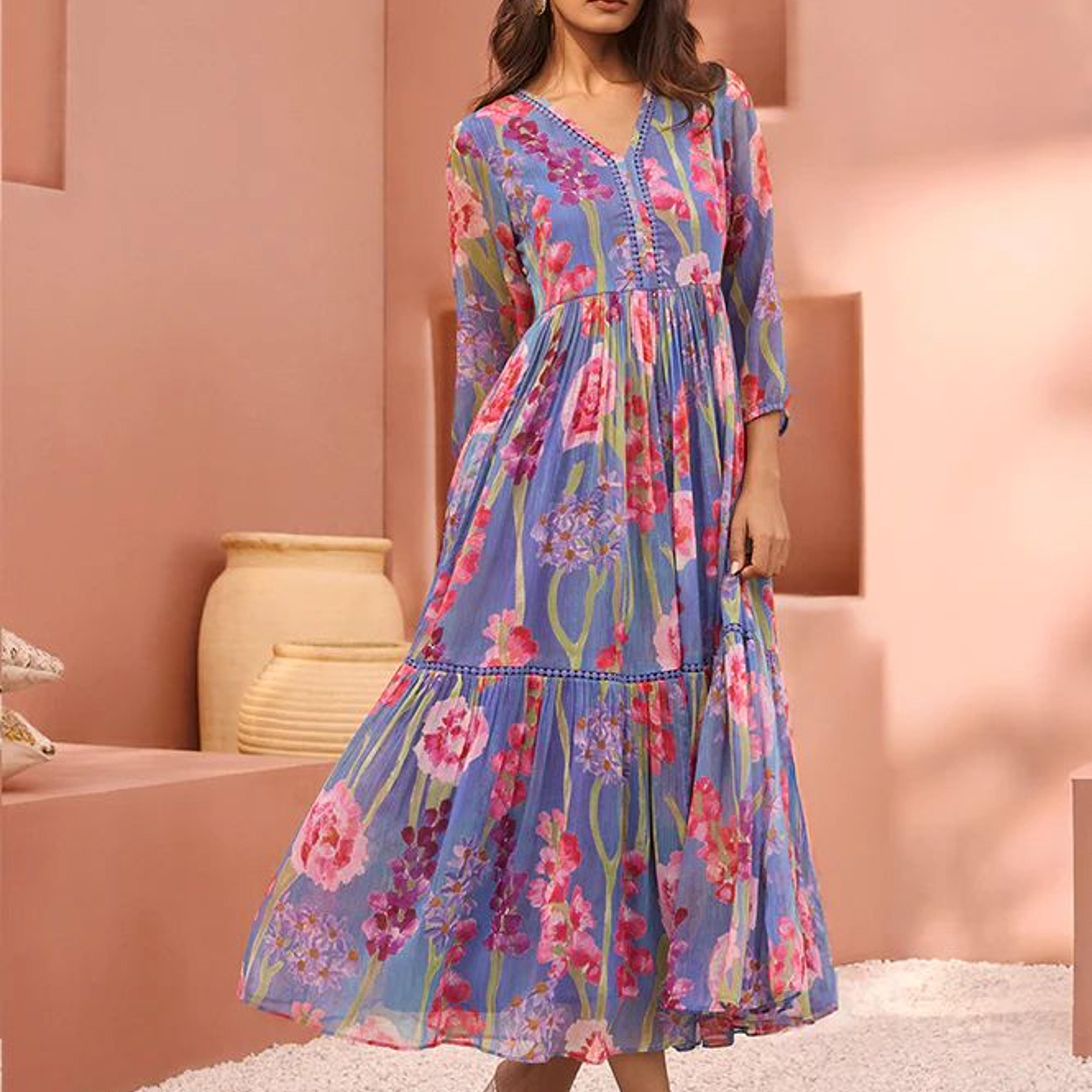 Blue Floral Printed Chiffon Flared Dress