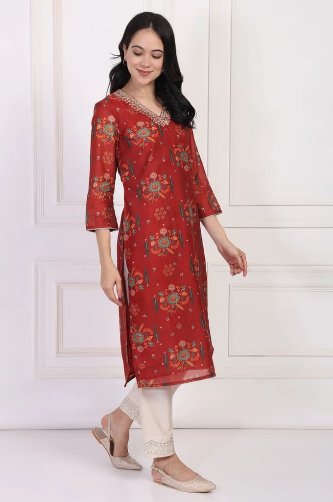 Red Floral Printed Sequined Straight Kurta — photo 6
