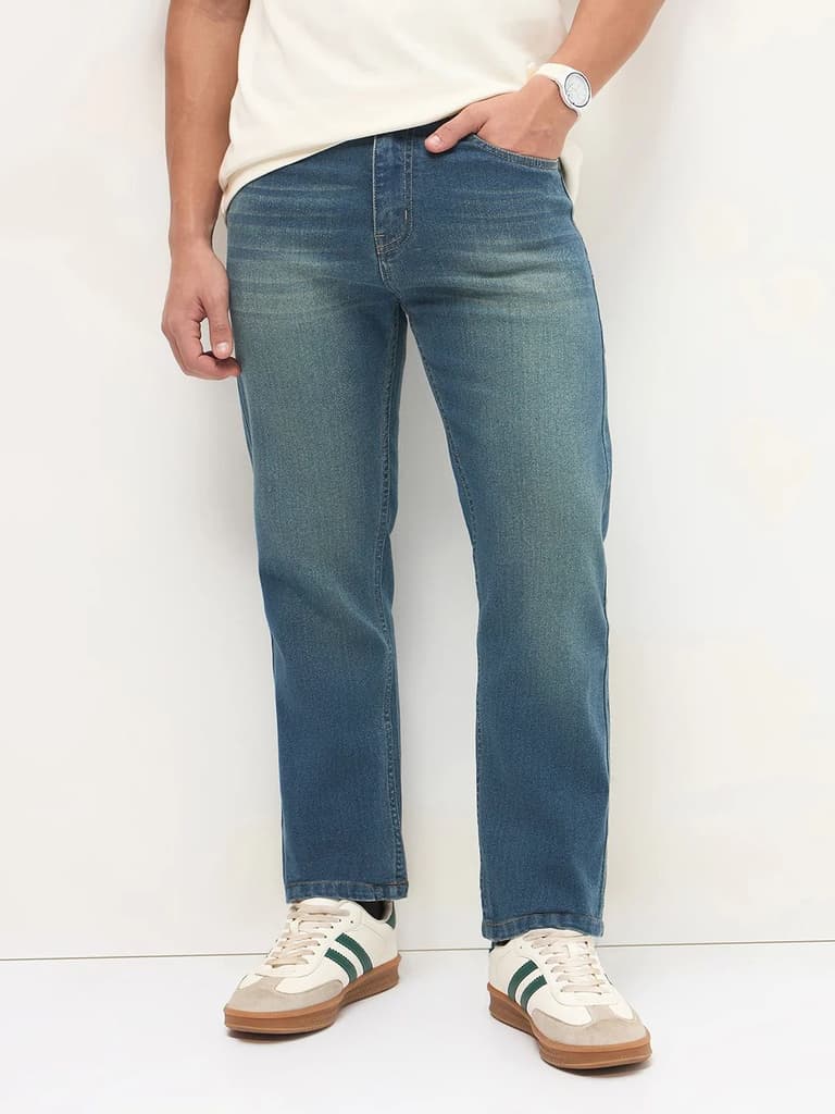 Men's Light Blue Regular Fit Whisker Wash Yellow Tint Denim Jeans Stretchable — photo 2