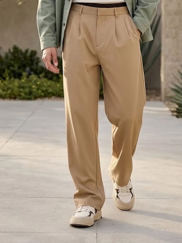 Men's Khaki Loose Baggy Fit Solid Korean Trousers Stretchable — 28 / Khaki