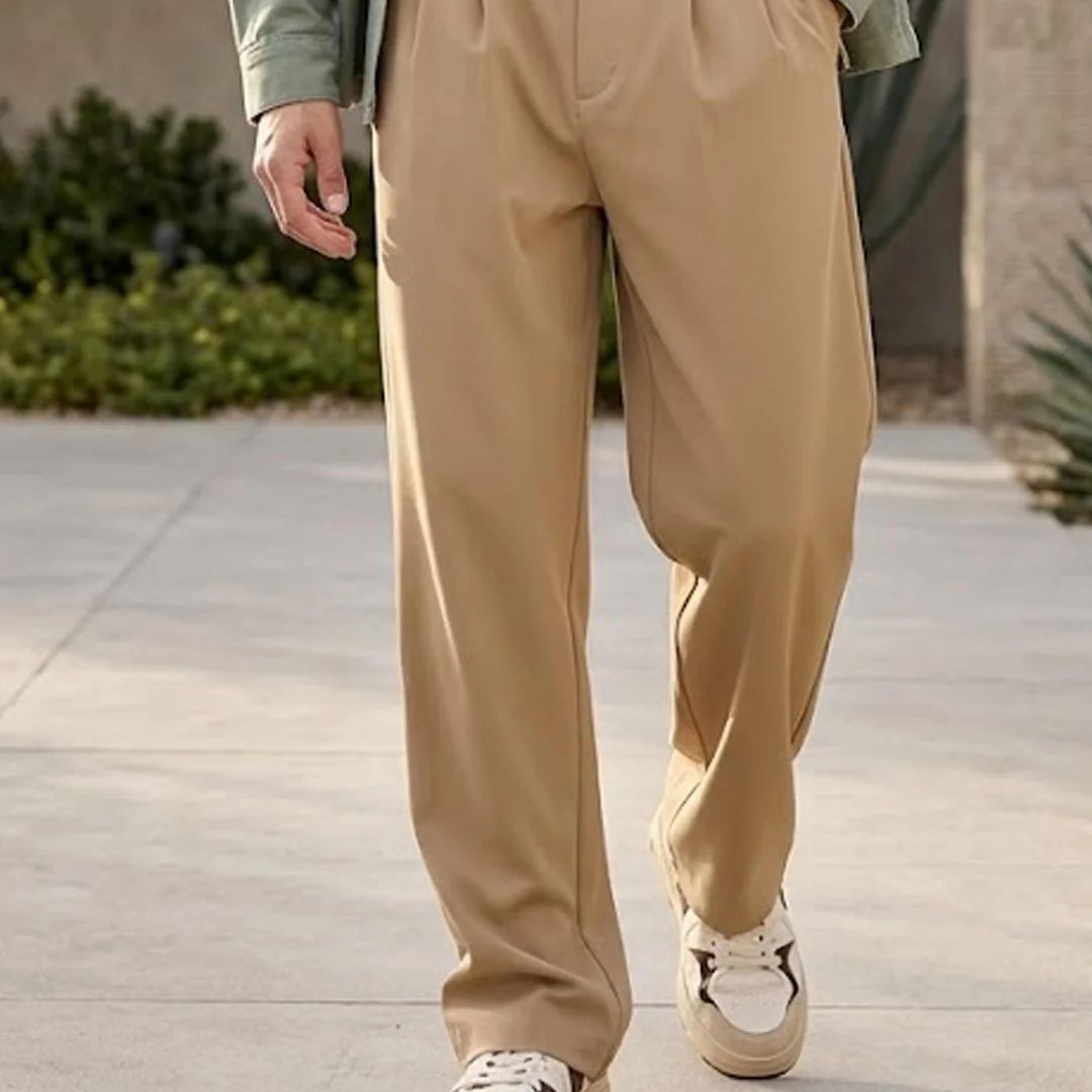 Men's Khaki Loose Baggy Fit Solid Korean Trousers Stretchable