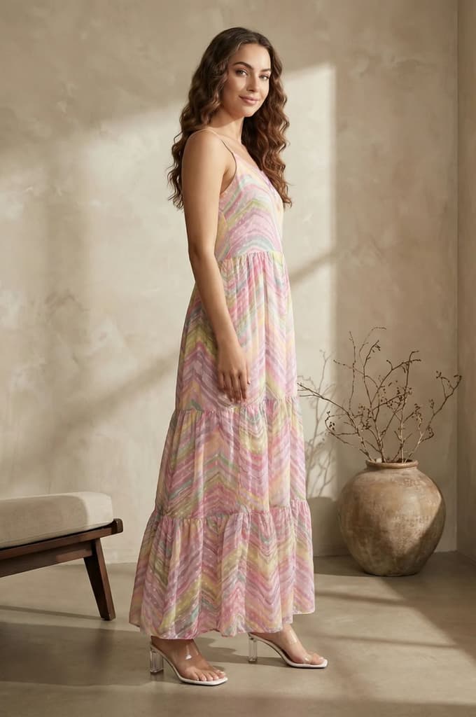 Multicolor Chevron Chiffon Tiered Dress — photo 5