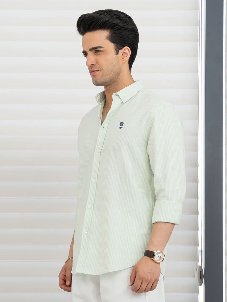 Shirts for Men in Light Green | Stripe Oxford Full Sleeve Shirt — photo 5