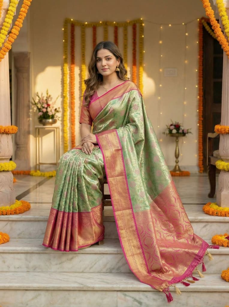 MIMOSA Women's Woven Design Kanjivaram Style Tissue Art Silk Saree with Blouse Piece - Green ( SA00002922GRNFREE ) — photo 5