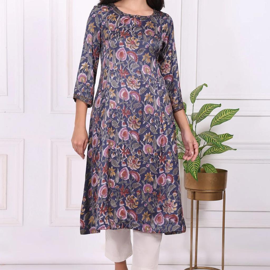 Navy Blue Floral Printed Beadwork Modal Satin A-line Kurta