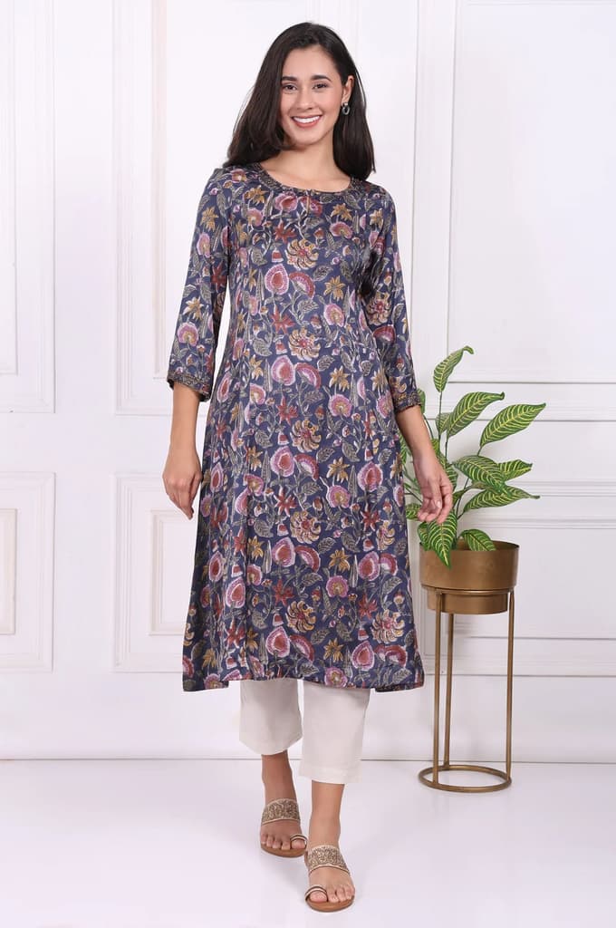 Navy Blue Floral Printed Beadwork Modal Satin A-line Kurta