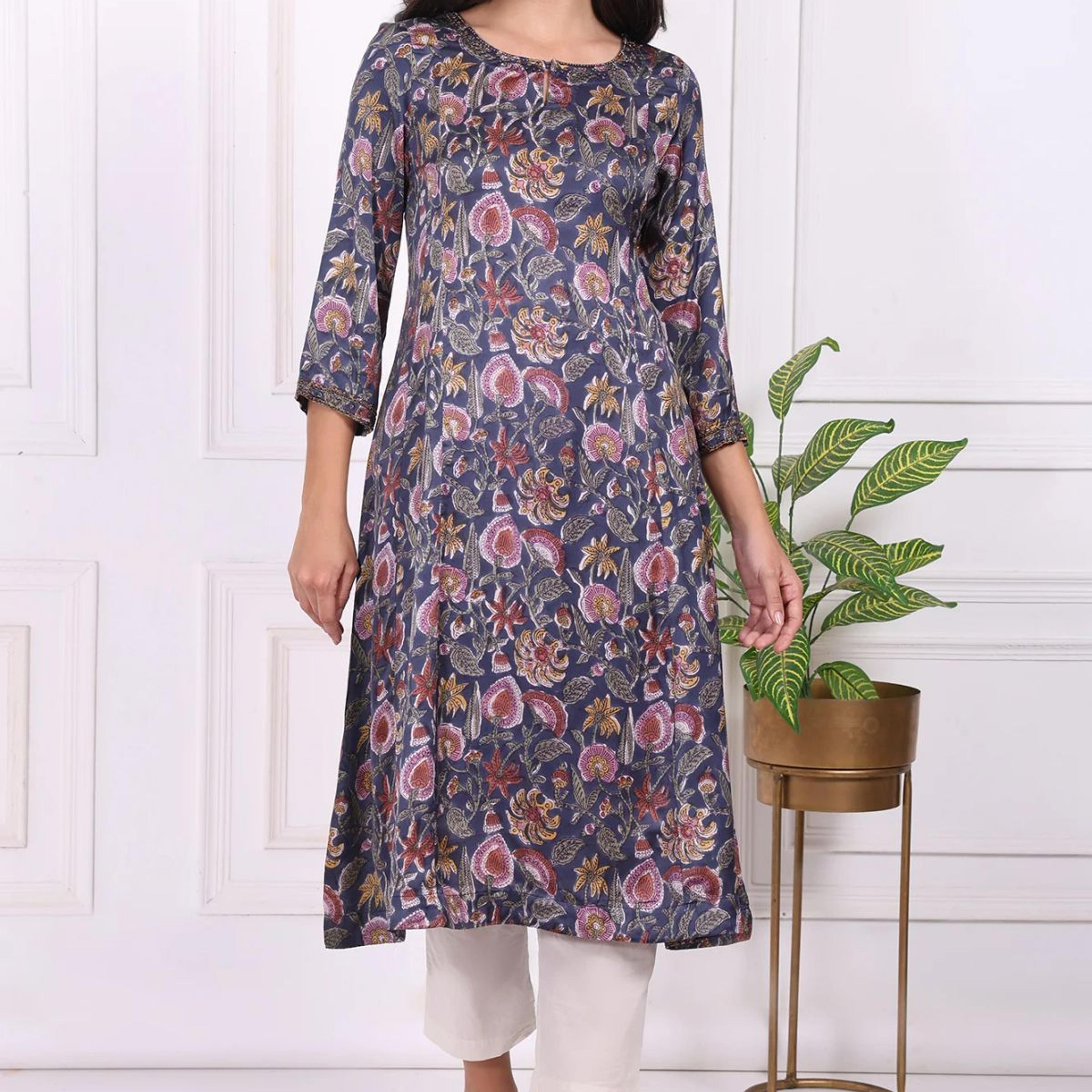 Navy Blue Floral Printed Beadwork Modal Satin A-line Kurta