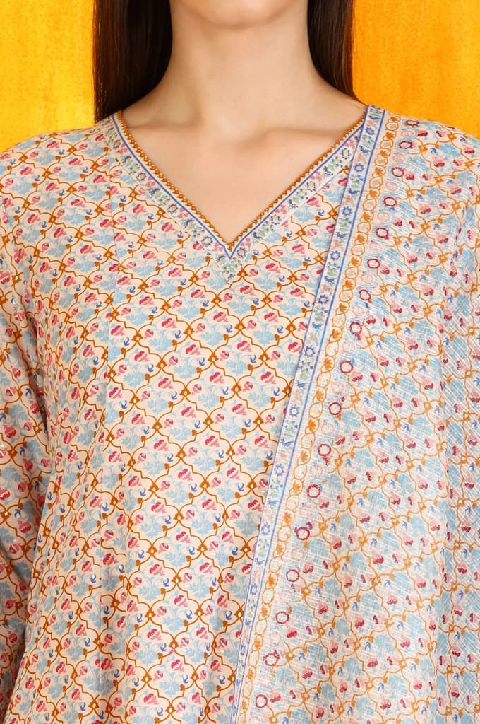 Off-White Floral Printed Pure Cotton Flared Kurta, Pants and Dupatta Set — photo 4